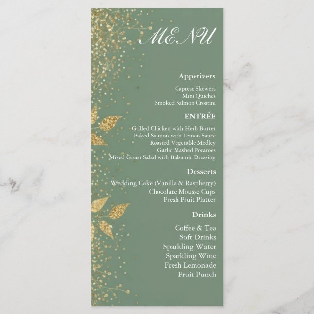 Sage Green Gold Botanical Wedding Reception Menu  (Frente)
