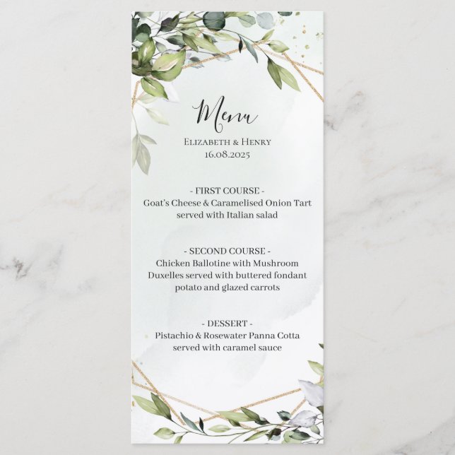 Sage green gold eucalyptus geometric wedding menu (Frente)