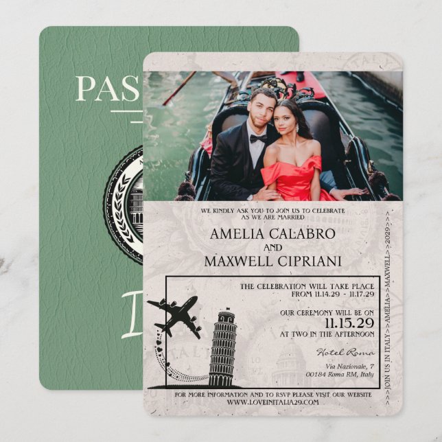 Sage Green Itália Passaporte Convite Para Casament (Frente/Verso)