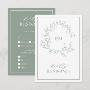Sage Green Leafy Crest Monograma Cartão RSVP de C