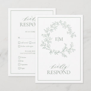 Sage Green Leafy Crest Monograma Cartão RSVP de Ca