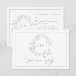 Sage Green Leafy Crest Monograma Cartão RSVP de Ca