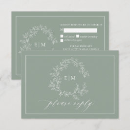 Sage Green Leafy Crest Monograma Cartão RSVP de Ca