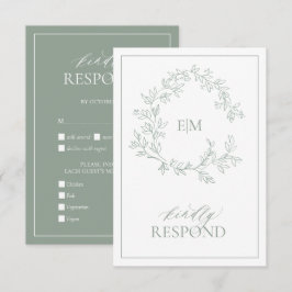 Sage Green Leafy Crest Monograma Cartão RSVP de Ca