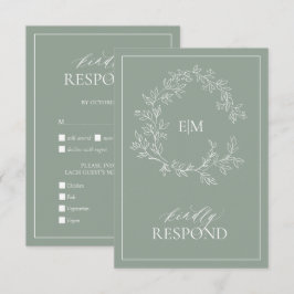Sage Green Leafy Crest Monograma Cartão RSVP de Ca