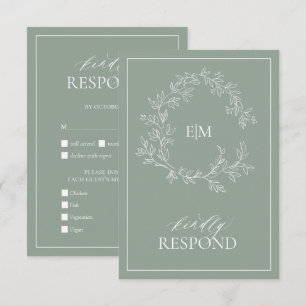 Sage Green Leafy Crest Monograma Cartão RSVP de Ca