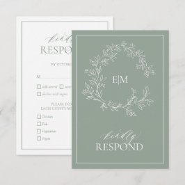 Sage Green Leafy Crest Monograma Cartão RSVP de Ca