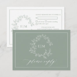 Sage Green Leafy Crest Monograma Cartão RSVP de Ca