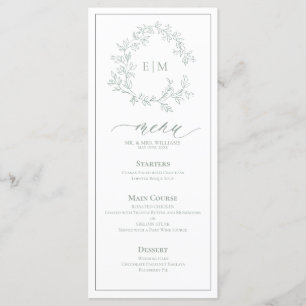 Sage Green Leafy Crest Monograma Menu Casamento