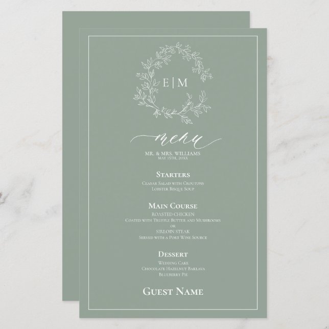 Sage Green Leafy Crest Monograma Menu de Casamento (Frente/Verso)