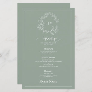 Sage Green Leafy Crest Monograma Menu de Casamento