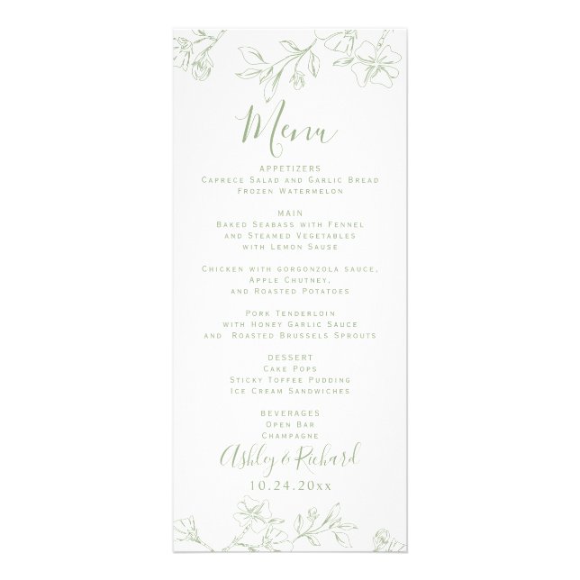 Sage green line art floresce no menu do casamento (Frente)