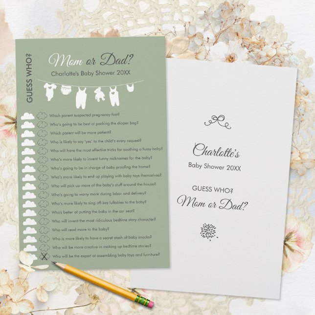 Sage Green Minimalist Chá de fraldas adivinha quem (Sage Green Minimalist Baby Shower Guess Who Game ©Susanne Sachers - Sunny Mind 🌞)