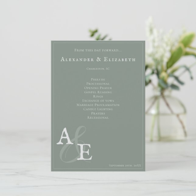 Sage Green Minimalista Monograma Weding Program (Em pé/Frente)