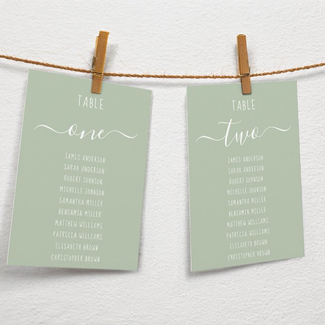 Sage Green Modern White Script Seating Chart Card (Criador carregado)