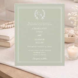 Sage green monogram wreath wedding invitation