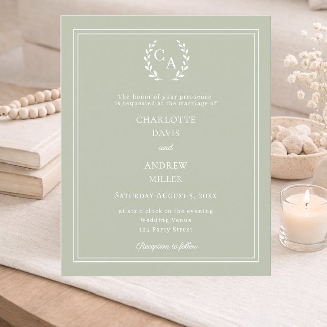 Sage green monogram wreath wedding invitation (Criador carregado)