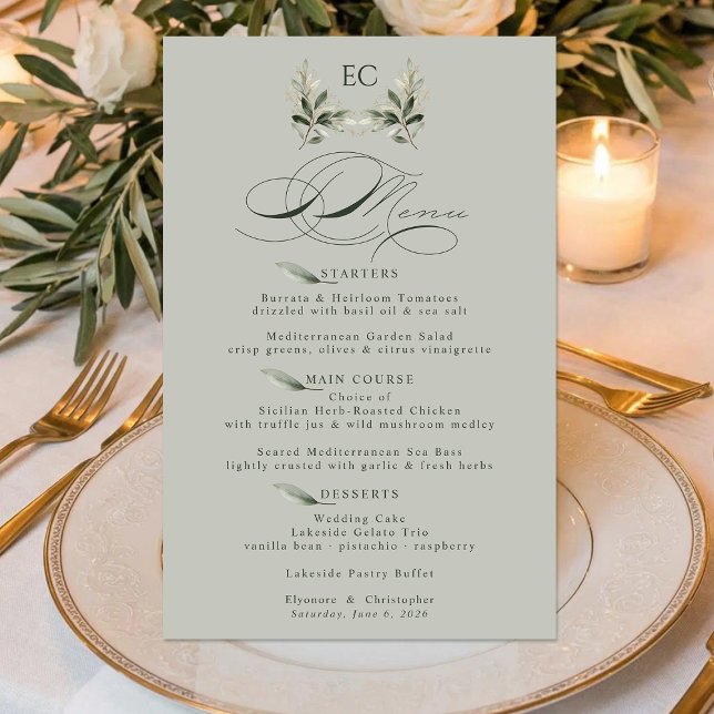 Sage Green Olive Branch Monogram Wedding Menu (Criador carregado)