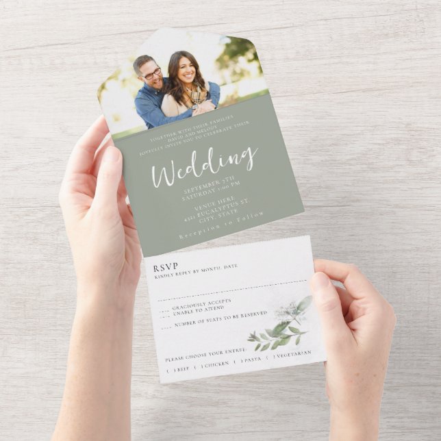 Sage Green Photo RSVP Wedding Seal e Send Suite (Aba destacável)