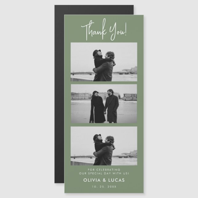 Sage Green Photo Strip Magnetic Weding Obrigado (Frente/Verso)