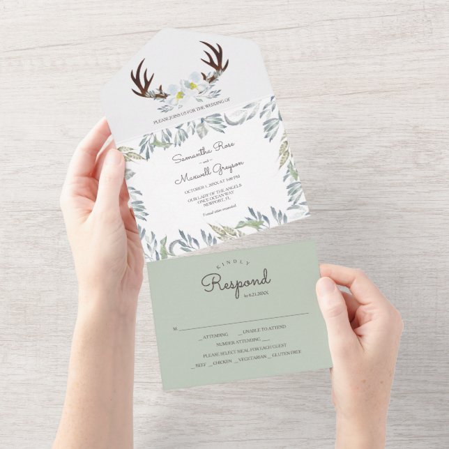 Sage Green Rustic Florals Todos Em Um Convite (Tearaway)