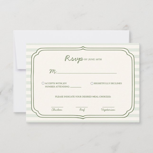 Sage Green Striped Wedding RSVP Card  (Frente)