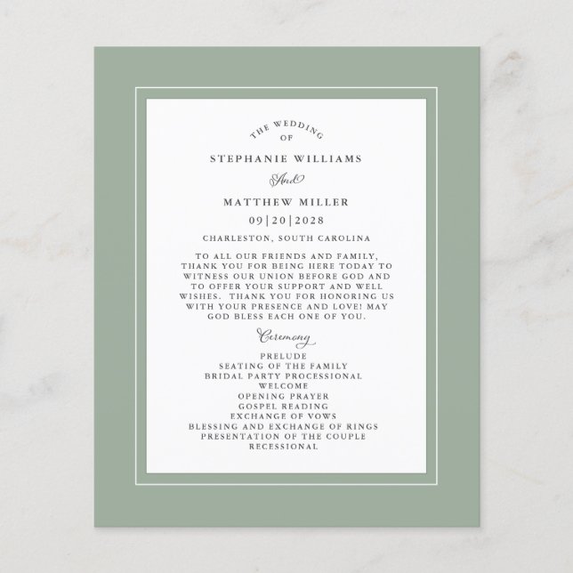 Sage Green Wedding Ceremony Elegant Budget Program (Frente)