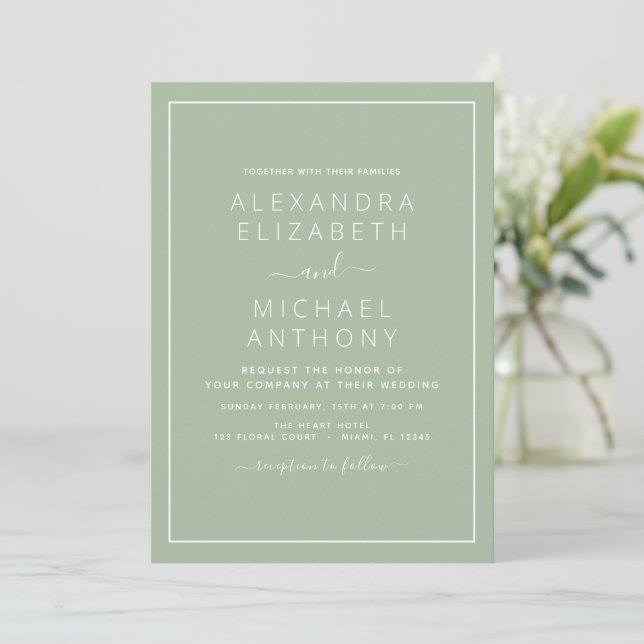 Sage Green Wedding Modern Typografia Convite (Em pé/Frente)