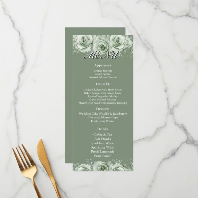 Sage Green White Floral Wedding Reception Menu  (Frente/Verso In Situ)