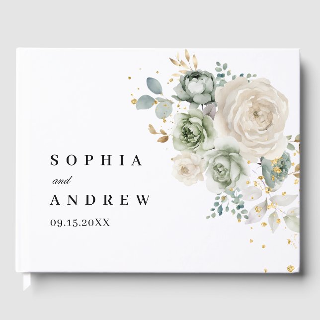 Sage Green & White Flowers Livro de Convidados (Frente)