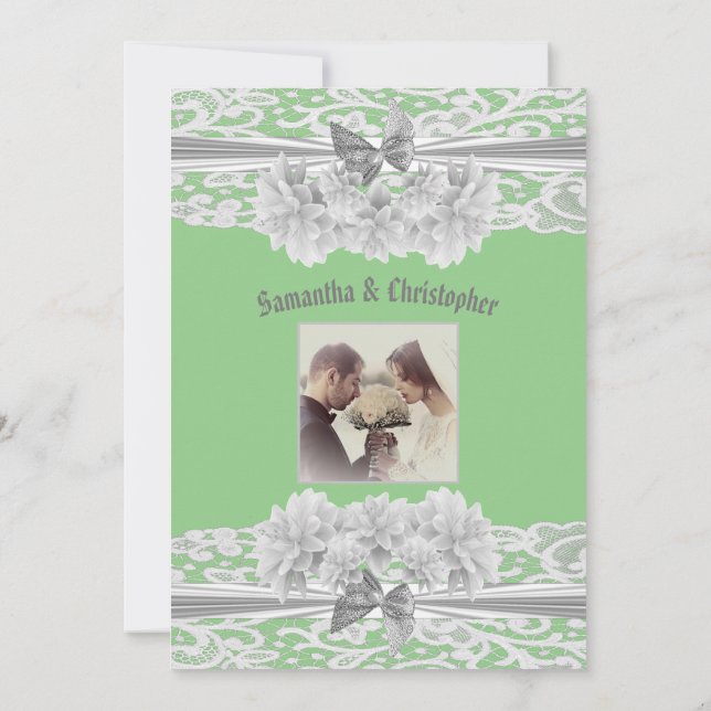 Sage green white lace convite para fotos de casame (Verso)