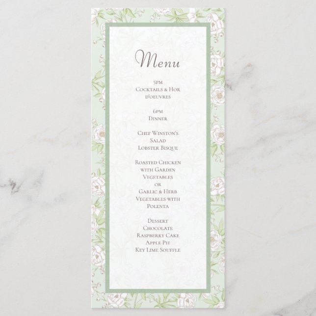 Sage Green White Rose Wedding Menus (Frente)