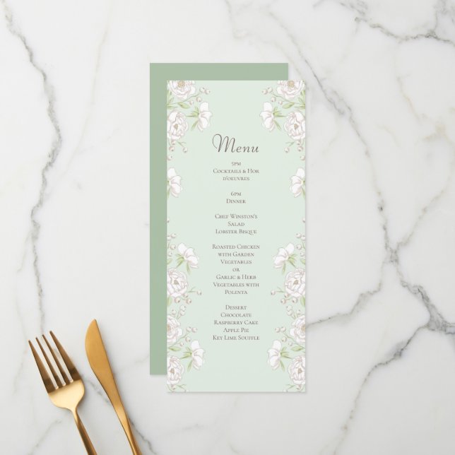 Sage Green White Rose Wedding Menus (Frente/Verso In Situ)