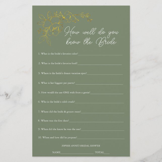 Sage Green Who Knows The Bride Shower Game (Frente)