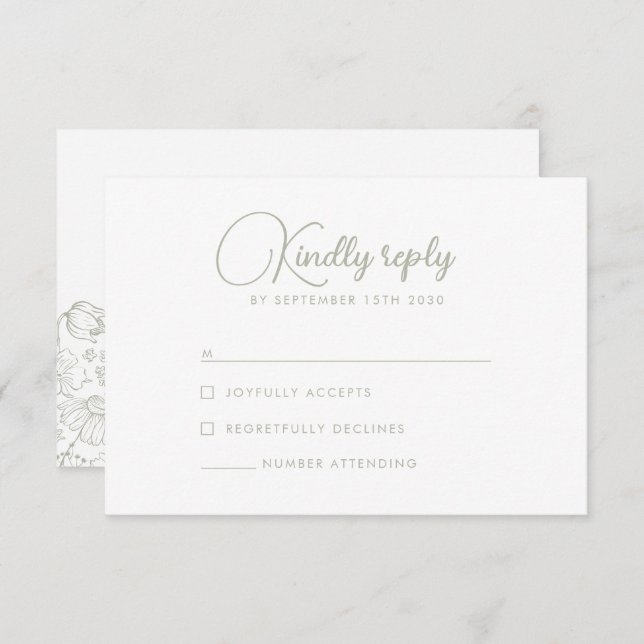 Sage Green Wildflower Elegant Weding RSVP Card (Frente/Verso)