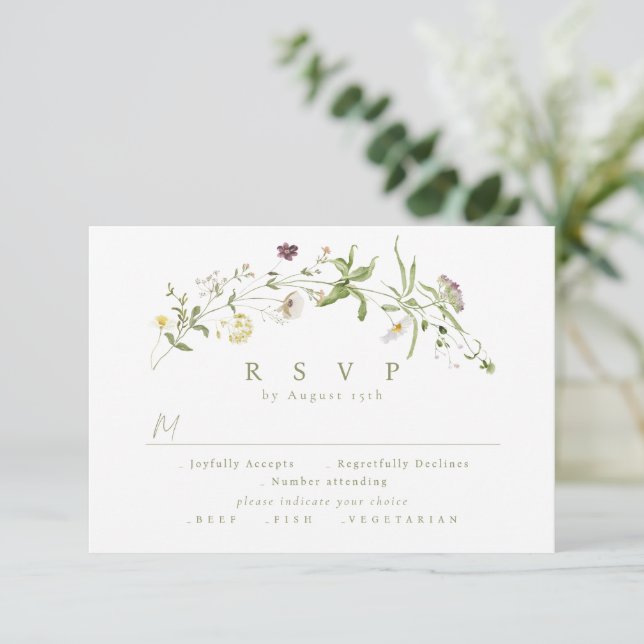 Sage Green Wildflower Rustic Boho Weding RSVP (Em pé/Frente)