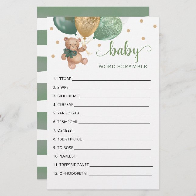 Sage Green Word Scramble Game Teddy Bear (Frente/Verso)