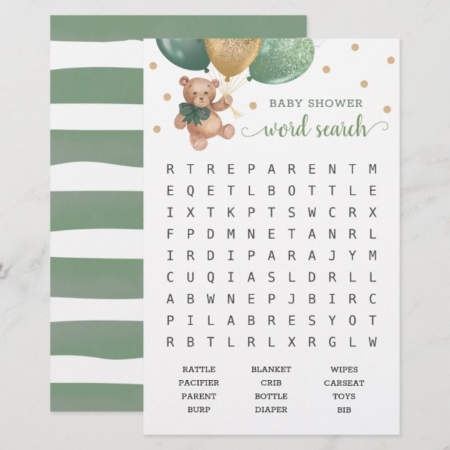 Sage Green Word Search Scramble Game Teddy Bear (Frente/Verso)