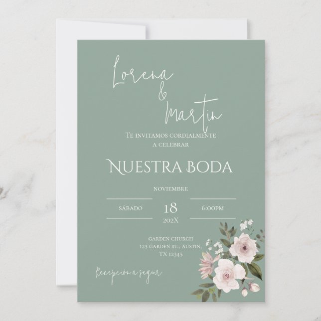 Sage Greenery Convite para Casamento Espanhol (Frente)