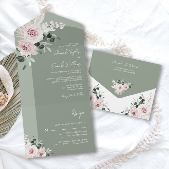 Sage Greenery Pink Floral Dusty Rosa Weding (sage green pink floral rose wedding invitation)
