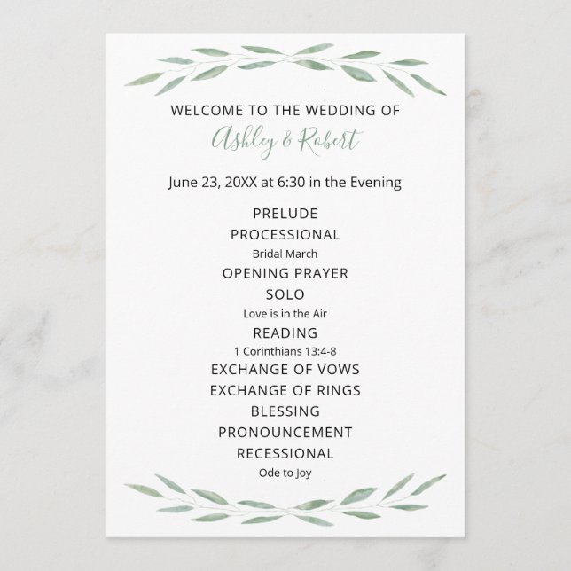 Sage Greenery Wedding Program, Programa Botânico (Frente)