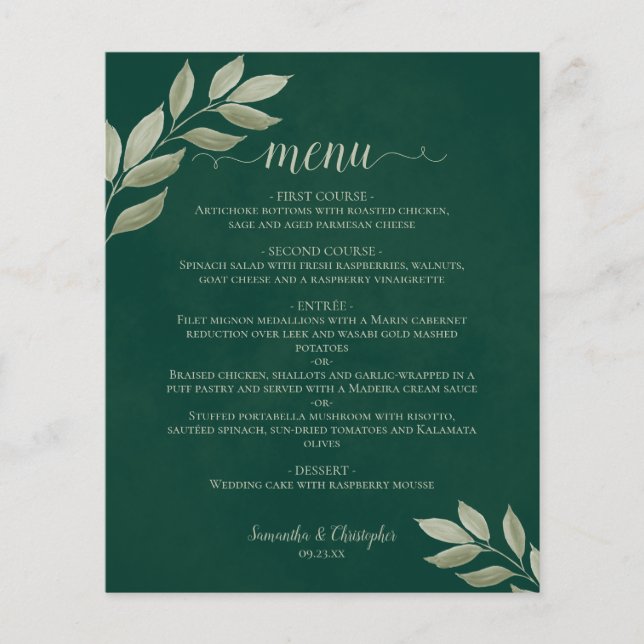 Sage Leaves no Emerald Budget Wedding Menu (Frente)