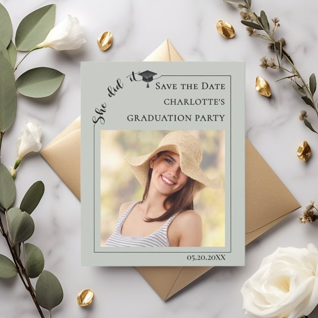 Sage Photo Graduation Party Save the Date card (Criador carregado)
