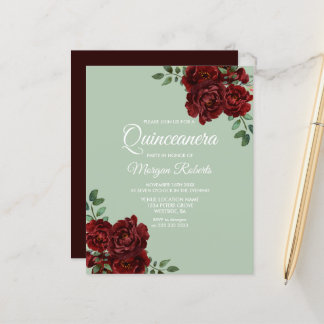 Sage & Rosa vermelha Quinceanera Orçamento Convite