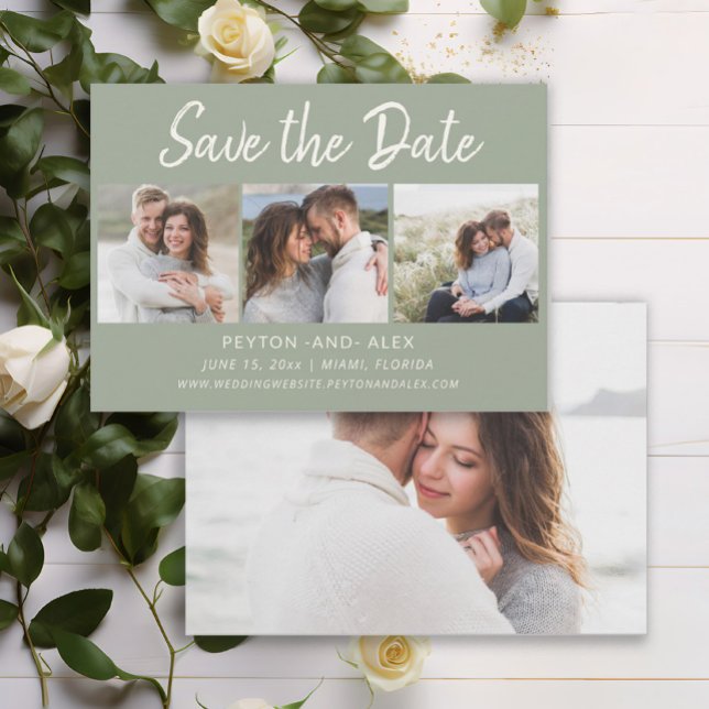 Sage Verde 4-Foto Cartão de Salvar Data de Casamen (Elegant sage green 4-photo wedding Save the Date)