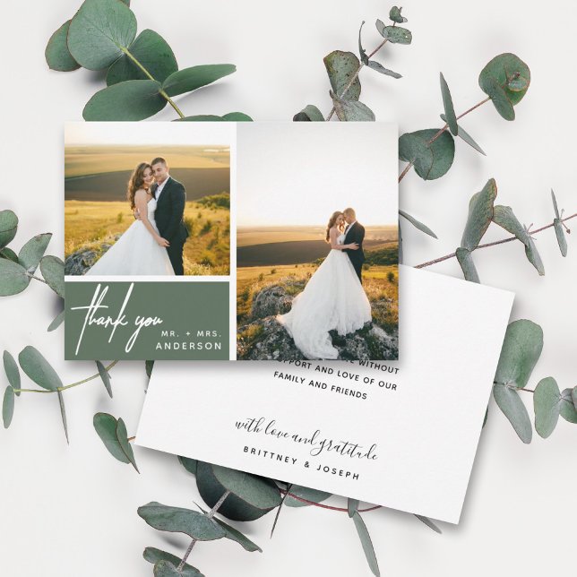 Sage Verde Moderno Script 2 Foto Casamento Obrigad (Two photo hand lettered thank you wedding card with a minimalistic design perfect for any couple.)