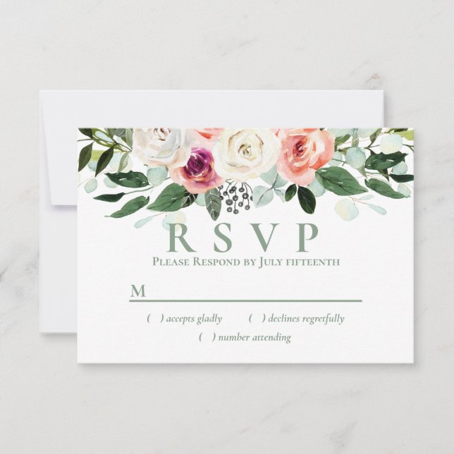 Sage White Blush Peach Floral RSVP (Frente)