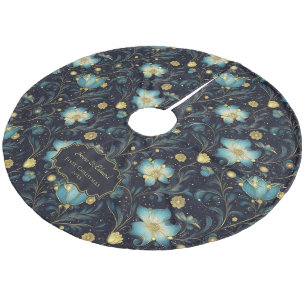 Saia Para Árvore De Natal De Lã Azul e Dourado Floral de meia-noite elegante perso