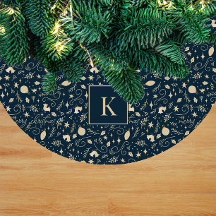 Saia Para Árvore De Natal De Lã Monograma de Elemento de Natal Azul & Bege Elegant