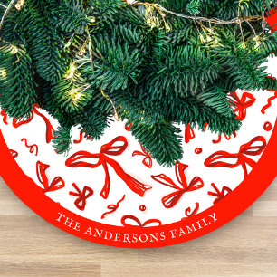 Saia Para Árvore De Natal De Lã Padrão de Arcos e Fitas Desenhados à Mão em Vermel